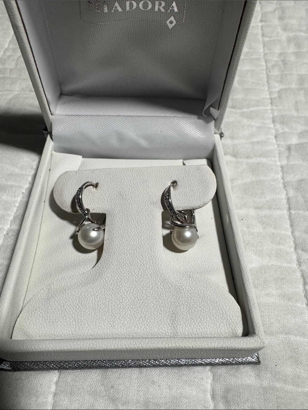 ADORA Silver Pearl Drop Earrings with Crystal Accents - White